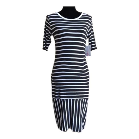 LuLaRoe Julia Dress Black White‎ Horizontal Vertical Stripes NEW NWT Small - Picture 2 of 6